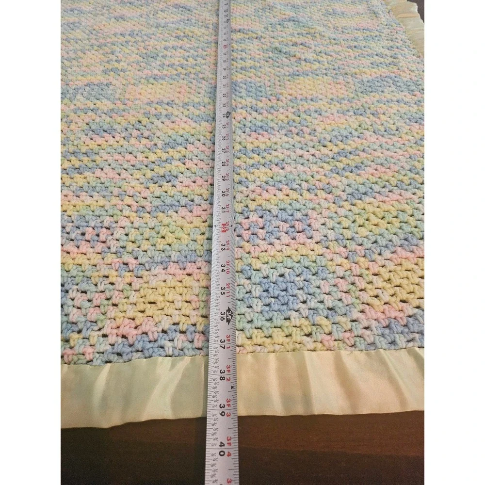 Handmade Crochet Baby Blanket Infant Pastel Multicolor Satin Trim Ruffle Trim
